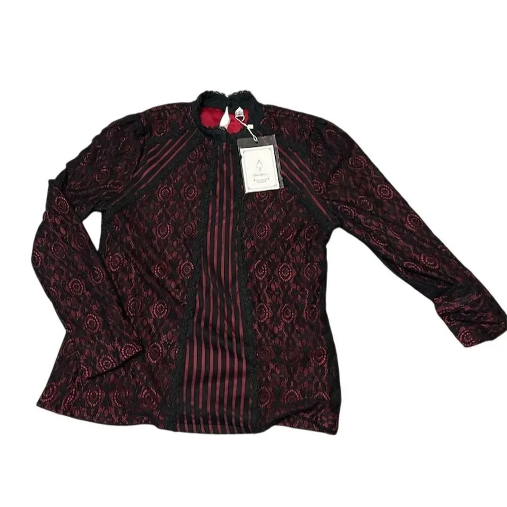 Feifei Women's M Black & Red Lace Blouse High Neck Party Top - Picture 1 of 7